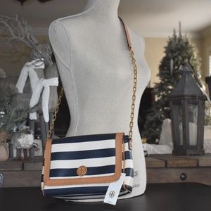 Tory Burch Kerrington Crossbody Bag Navy White Awning Stripe Gold Chain Leathe